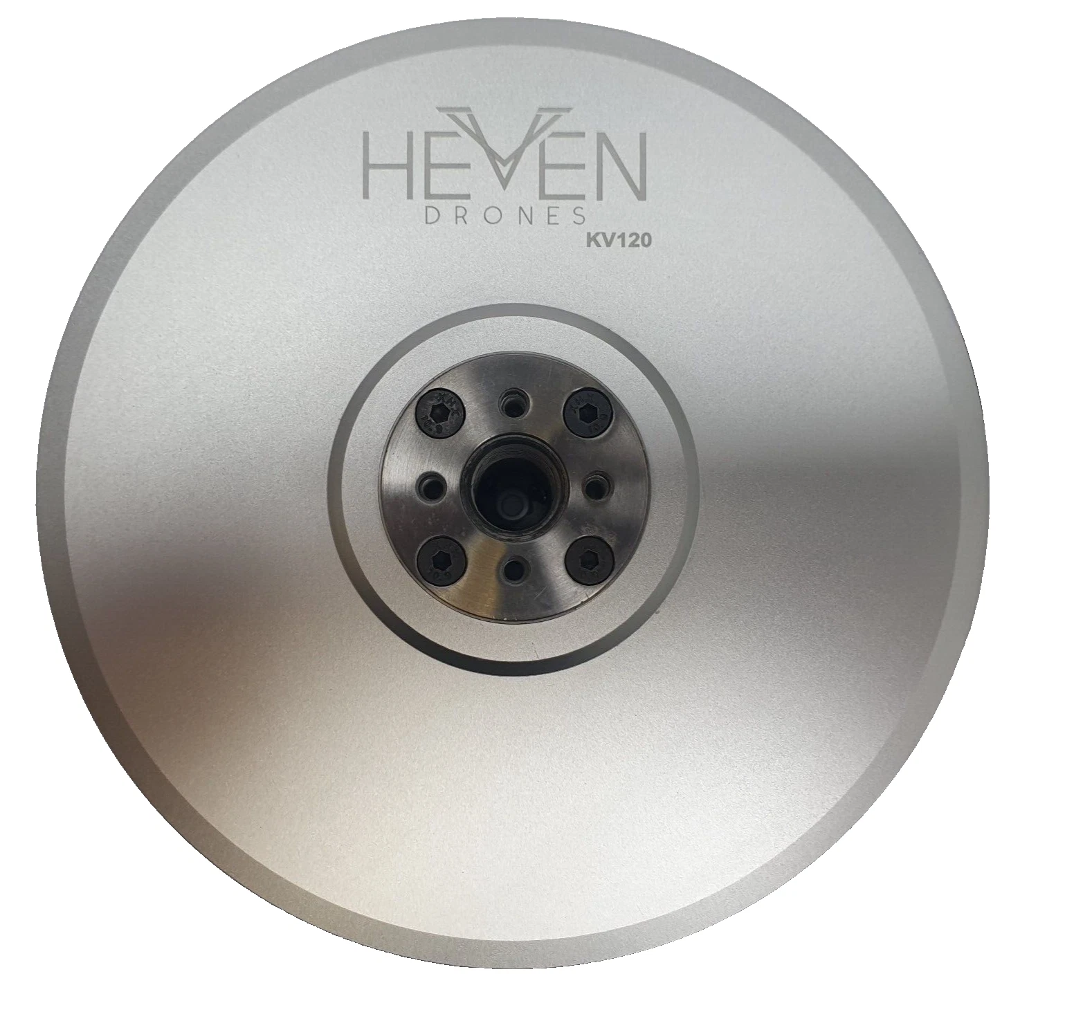 Top of the P150 motor: HEVEN DRONES KV120 engraving and steel center hub