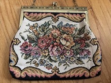 Vintage Floral Needlepoint Purse Shoulder Bag Metal Clasp Embroidered Chain