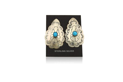Navajo Earrings 925 Silver Concho Hand Stamped Turquoise Native Artist C.80's