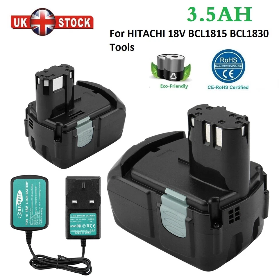 CREABEST Batería/cargador de iones de litio de 18 V para Hitachi BCL1815 BCL1820 EBM1830 CR18DL 327730