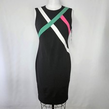 Calvin Klein Size 8 Dress Black Striped Bodycon Artsy Sleeveless Midi Stretchy