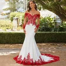 White And Red Wedding Dress Off-Shoulder Mermaid Long Sleeves Bridal Gowns Lace