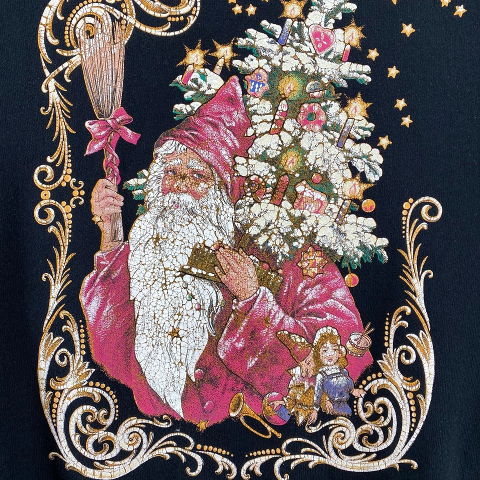 复古 80 年代 90 年代 Morning Sun Christmas 波西米亚圣诞老人拉过运动衫女式 S 黑色 — 第 3/4 张图片