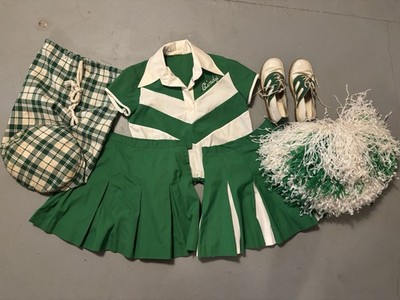 Vintage Cheerleader Uniform Top, 2 Skirts Sweater Bag Shoes Pom Poms Green White