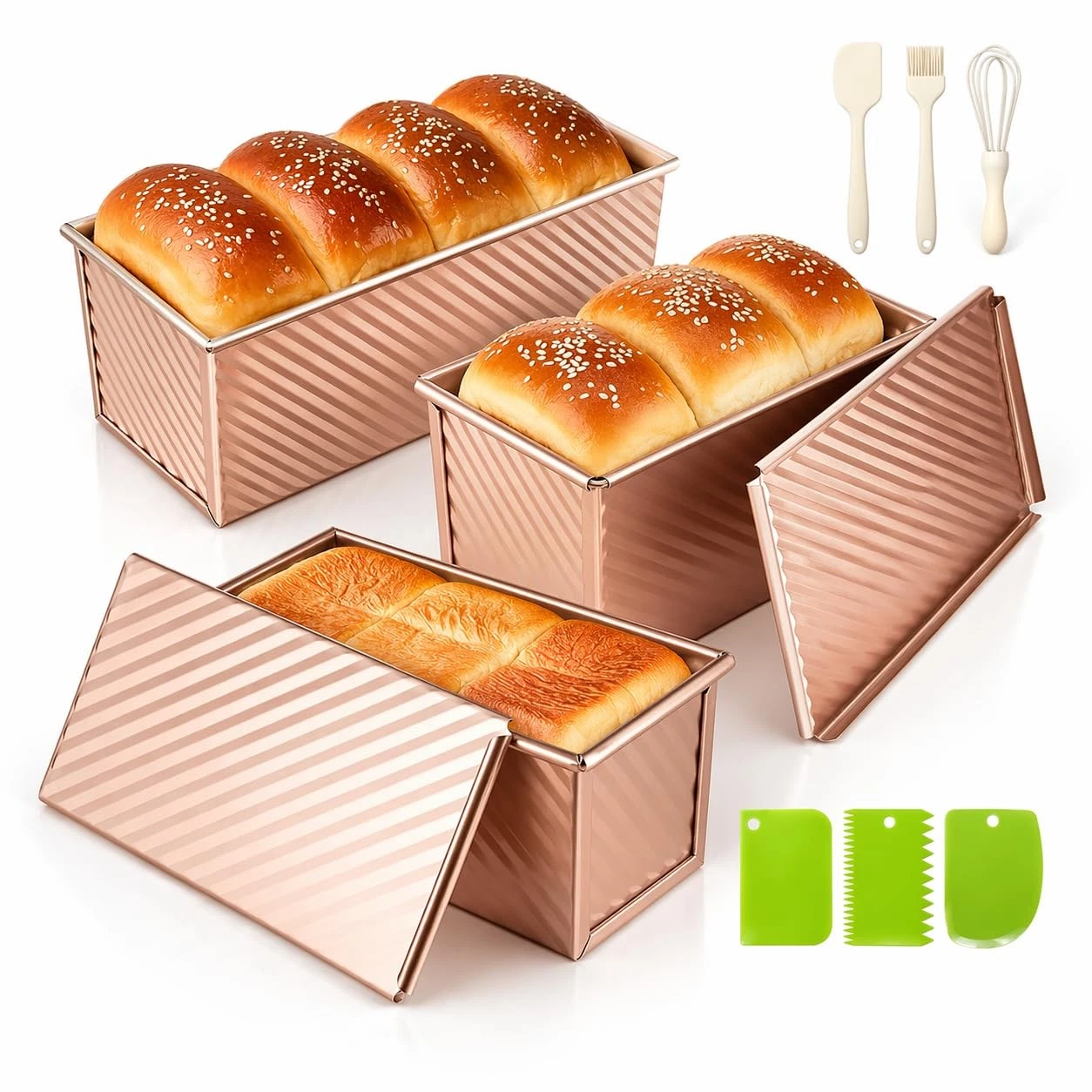 3-Pack Bread Pan with Lids, 2.2LB & 1LB & 1LB Dough Capacity, Non-Stick Carbo...