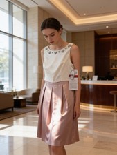 Jessica Howard Size 12 Ivory/Pink Satin Sleeveless Beaded Fit  Flare Dress MWT