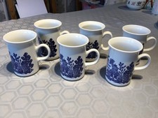 Six Churchill England Blue & White Willow Pattern Mugs - two different shapes