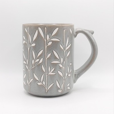 Engraved Leaves Pattern Coffee 16 Oz Ceramic Mug, Artisanal Style Cup By SH Home