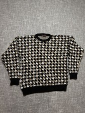 Vtg 90s JOHN ASHFORD HOUNDSTOOTH HEAVY KNIT CREW NECK Grandpa SWEATER Unisex L