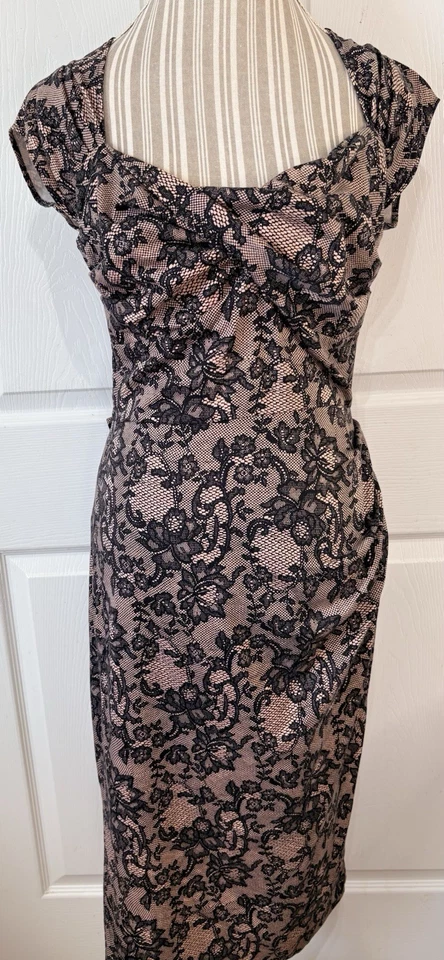 Stop Staring LOVE Pink/Black Lace Print Pinup Rockabilly Wiggle Dress Large - Image 3 of 4