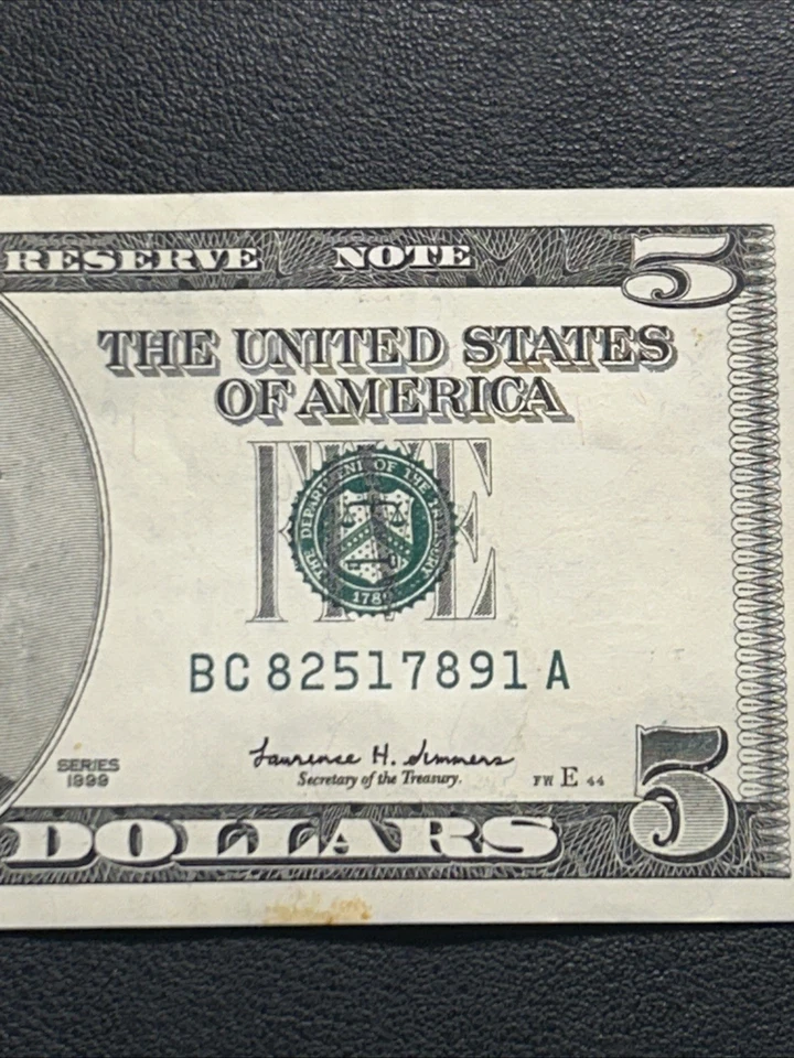 1999 $5 Dollar Bill Vintage BC82517891 Philadelphia Federal Reserve Note - Image 3 of 3