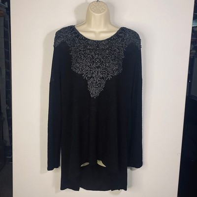 MOA MOA Black Beaded Blouse Formal Long Sleeve Silver  Witchy Top 1X Whimsigoth