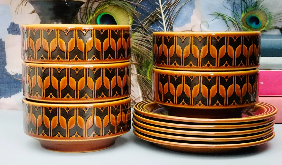 Vintage 1976 Hornsea Heirloom Autumn Brown Soup Bowls & Saucers - Set of 5 - Image 3 of 4