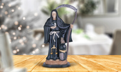 16''H Black Santa Muerte Holding Scythe w/ Sack Statue Our Lady of the Holy Death