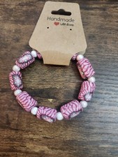 Handmade Pink and White Beaded Stretchy Bracelet for women and girls