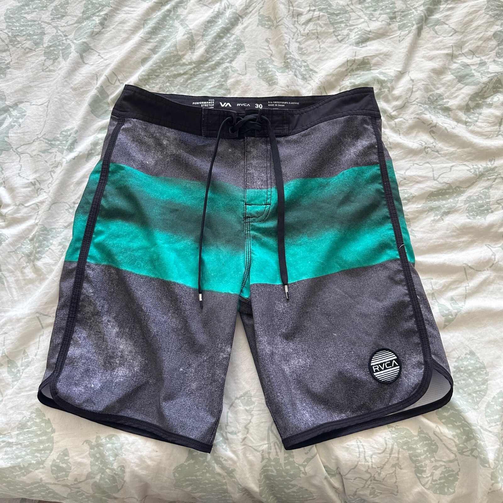 RVCA Swim Trunks Mens 30 Green Black Striped Bathing Suit Board Shorts