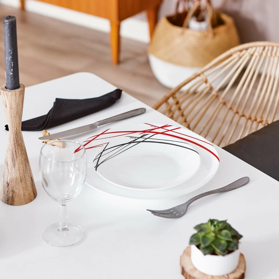 Arcopal By Luminarc Domitille 18pc Opal Glass Black Red Lined Dinner Set Plates - Image 2 of 4