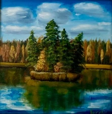Original Hand Paint Oil Painting on Canvas "Forest in Fall" 14x14"