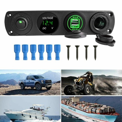 12V Car Boat Cigarette Lighter Socket LED Dual USB Port Charger Mount Panel - Photo 9 sur 9