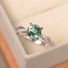Green sapphire ring, green round cut gemstone, sterling silver engagement ring,
