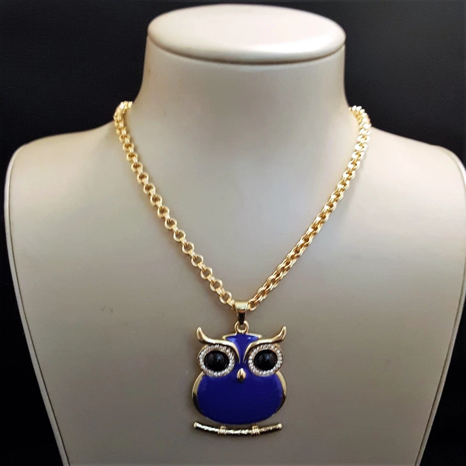 Collar llamativo para mujer Amrita Singh colgante búho chapado en oro esmalte azul nuevo con etiquetas Foto 2 de 4