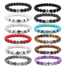 Prayer Men's Natural Stone Wood Beads Rosary Hematite Cross Meditation Bracelets