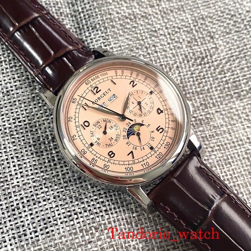 Corgeut 42mm Pink Dial Day Week Month Multifunction Automatic Mens Watch Leather - Picture 5 of 10