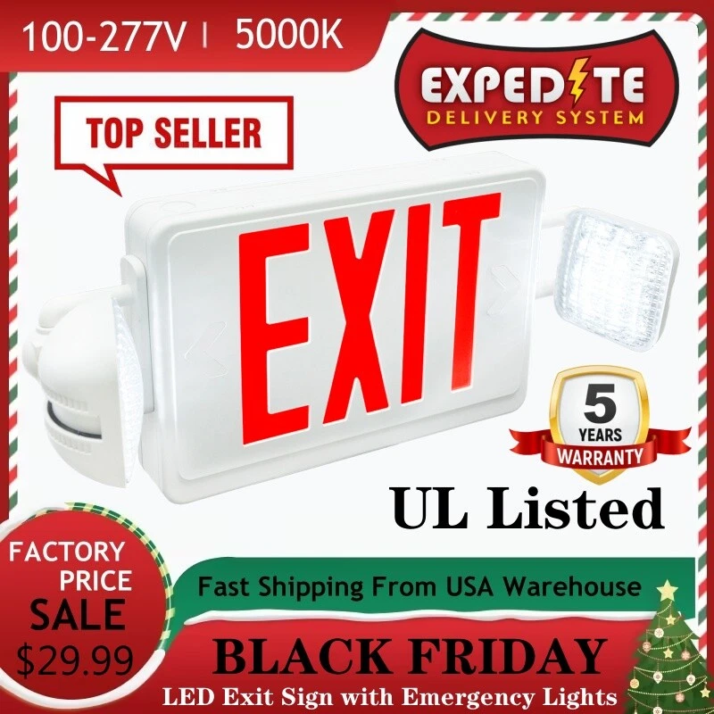 Led Combo Emergency Exit Sign Light with Two Adjustable Head Lights ,AC120/277V