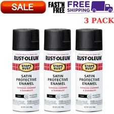 12 oz Black Spray Paint Protective Enamel Satin Rust Oleum Stops Rust, 3PACK NEW
