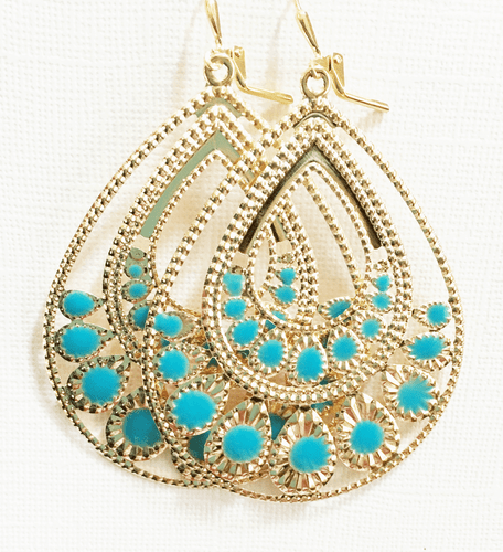Gold plated blue enamel teardrop earrings, trendy blue teardrop earrings, - Picture 2 of 3