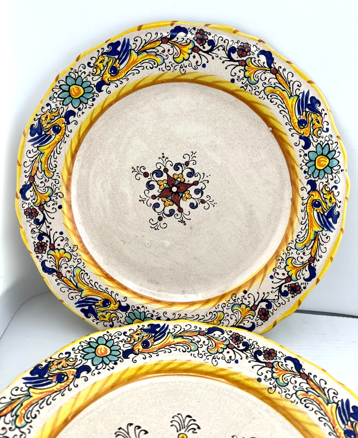 Rafaellesco 2pc Set 10" Salad Plates Wide Rim Deruta ITALY Hand Painted Dragons