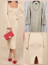 LULUS Classy Attitude Beige Ribbed Square Neck Midi Sweater Dress Size LARGE