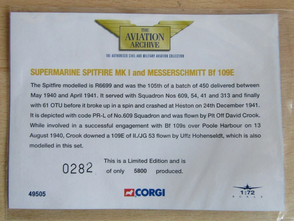 Corgi Aviation Archive 1:72 AA49505 Dog Fight Double Spitfire & Bf109E - Image 4 of 4