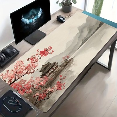 1 Large E-Sports Gaming Mouse Pad with Ink Wash Landscape, Pavilion, and Cherry