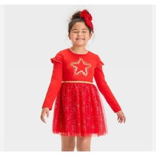 Cat  Jack Girls Holiday Star long Sleeve Red  Gold Tulle Dress Sz.10/12 NWT