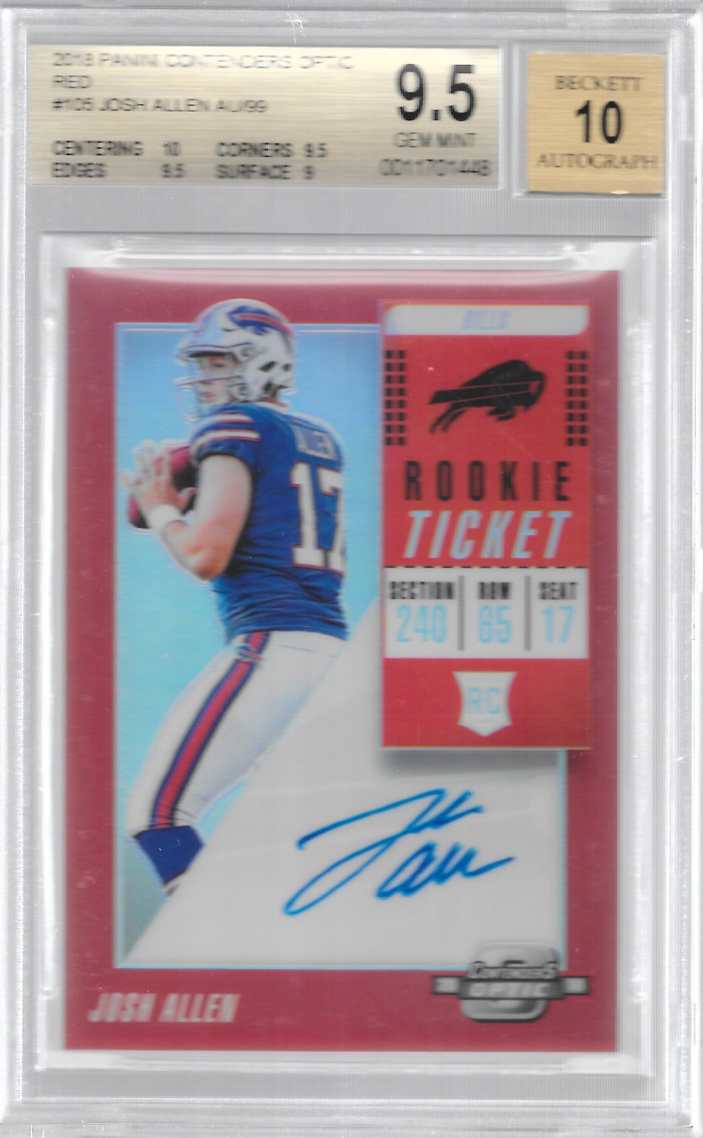 2018 Contenders Optic RED Rookie Ticket #105 Josh Allen RC AUTO 25/99 BGS 9.5