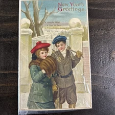 Antique Postcard New Year's Greeting Embossed Series 3149 Posted 1912 Boy/Girl