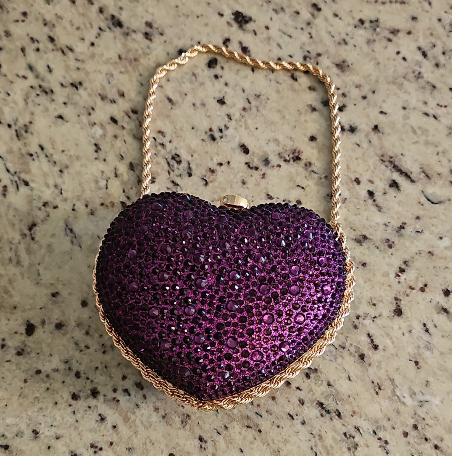 Women’s Purple Rhinestone Heart Mini Clutch Gold-Tone Chain Strap Clasp