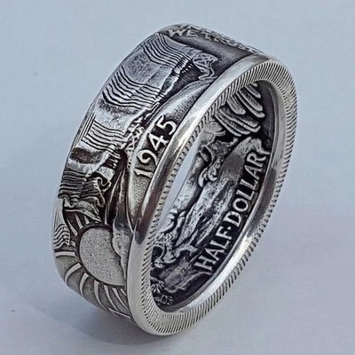 1945 Half Dollar Men Ring Vintage Handmade Silver Coin Style Gift Jewelry