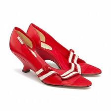 Velez Red Leather French Kitten Heels Pumps W...