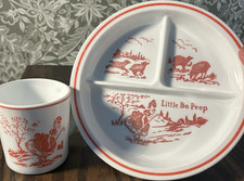 Anchor Hocking Vitrock Milk Glass Divided Plate  Mug Featuring Little Bo Peep