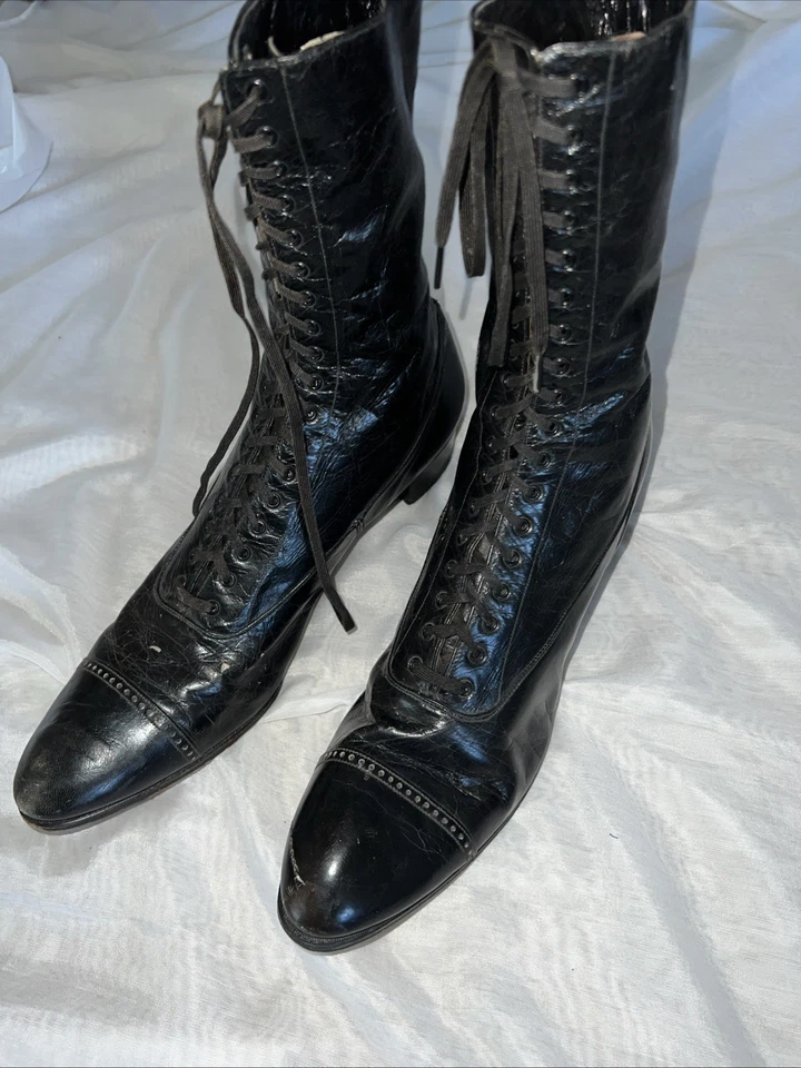 Botas Victorianas Eduardianas Antiguas Mujer Cuero Negro Parte Superior Alta Zapatos con Cordones Foto 4 de 4