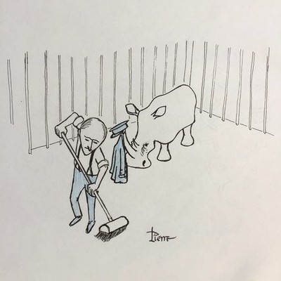 Original SIGNIERTE Pierre Karikatur des Tierpflegers hängender Mantel & Hut auf Nashornhorn