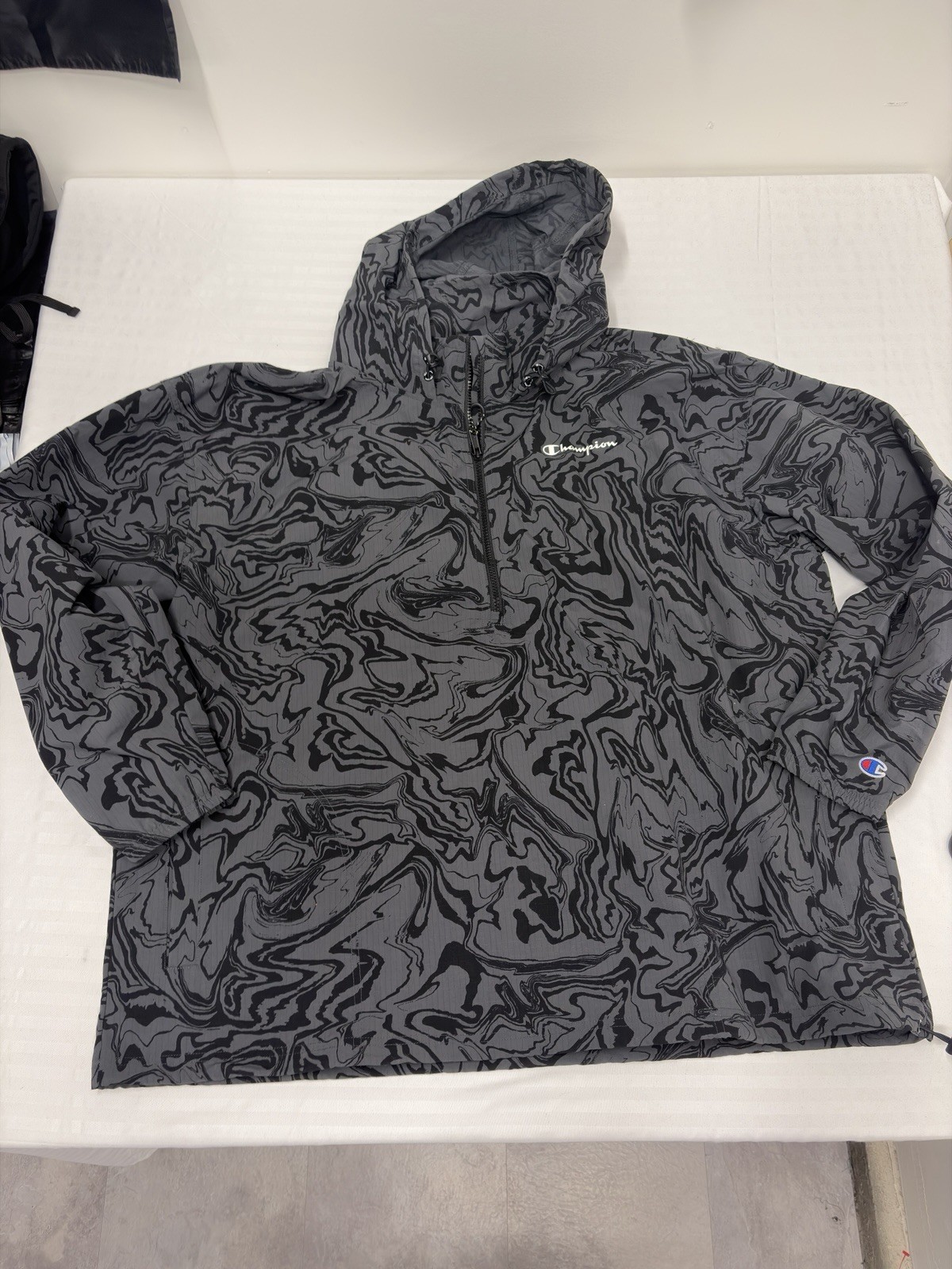 Champion Packable 1/4 Zip Anorak Jacket Black & Gray Marble Mens Size 2XL Hooded