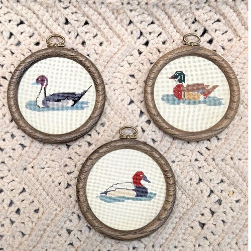 Vintage Duck Cross Stitch Wall Art Set of 3 Faux Wood Round Frames Mallard