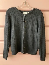 Women's Jet Black Cardigan Sweater Cable Knit  Lambswool & Angora PM