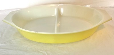 Vintage Pyrex Primary Yellow 1 - Qt Quart Oval Divided Casserole Dish Soup Salad