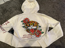 NWT Ed Hardy White Tiger  Rose Cropped Hoodie Size L Large