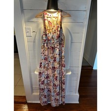 Japna Floral Maxi Dress Womens Medium Boho V-Neck Braided Waist Cutout Pink