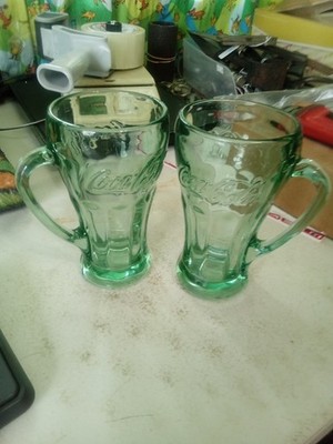 2 Coca Cola Green Glass Heavy Mugs